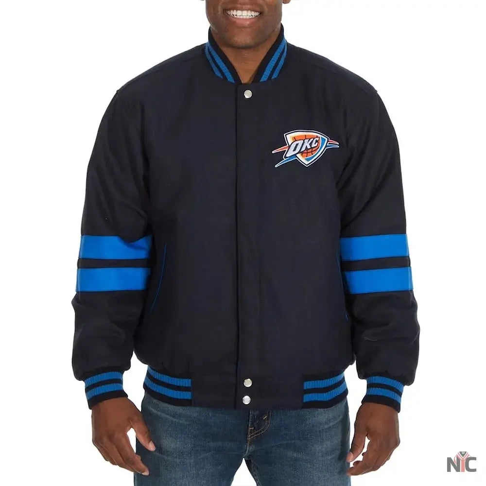 Oklahoma City Thunder Striped Varsity Navy Wool Jacket NYC Jackets