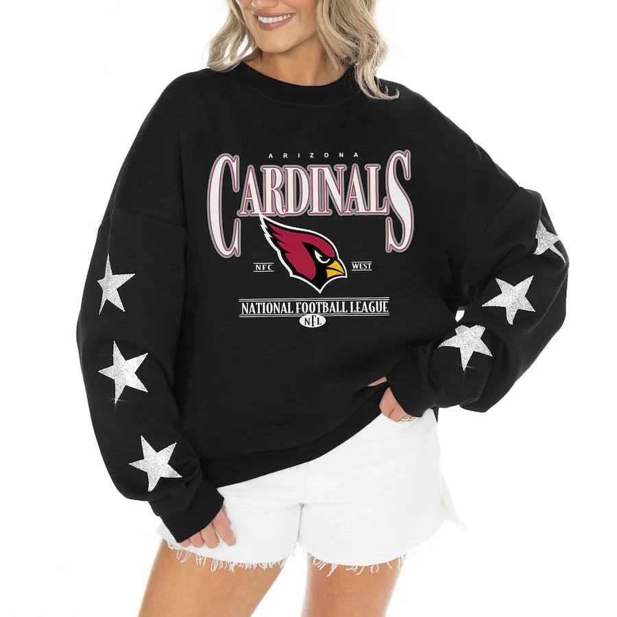 Women's Arizona Cardinals Gameday Couture Black Rhinestone Star Sleeve Settle the Score Oversized Tri-Blend Pullover Jacket99