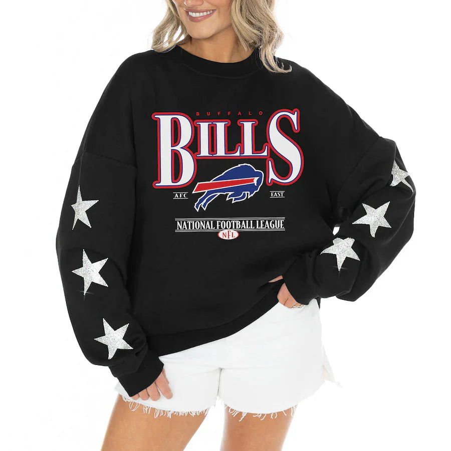 Women's Buffalo Bills Gameday Couture Black Rhinestone Star Sleeve Settle the Score Oversized Tri-Blend Pullover Jacket99