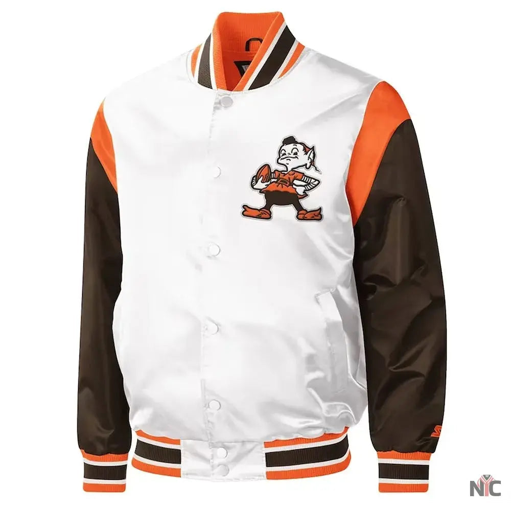 Cleveland Browns Throwback Pitch Varsity Satin Jacket NYC Jackets