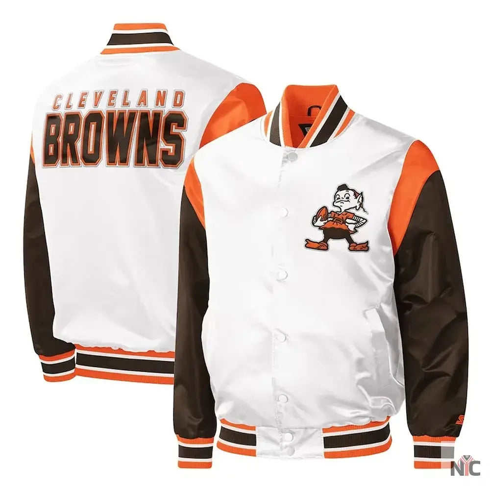 Cleveland Browns Throwback Pitch Varsity Satin Jacket NYC Jackets