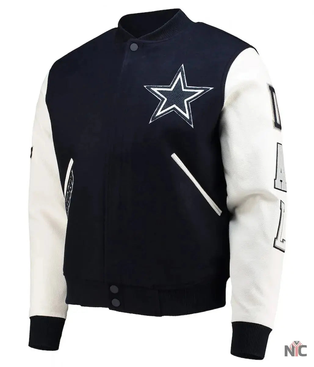 Dallas Cowboys White and Navy Varsity Jacket NYC Jackets