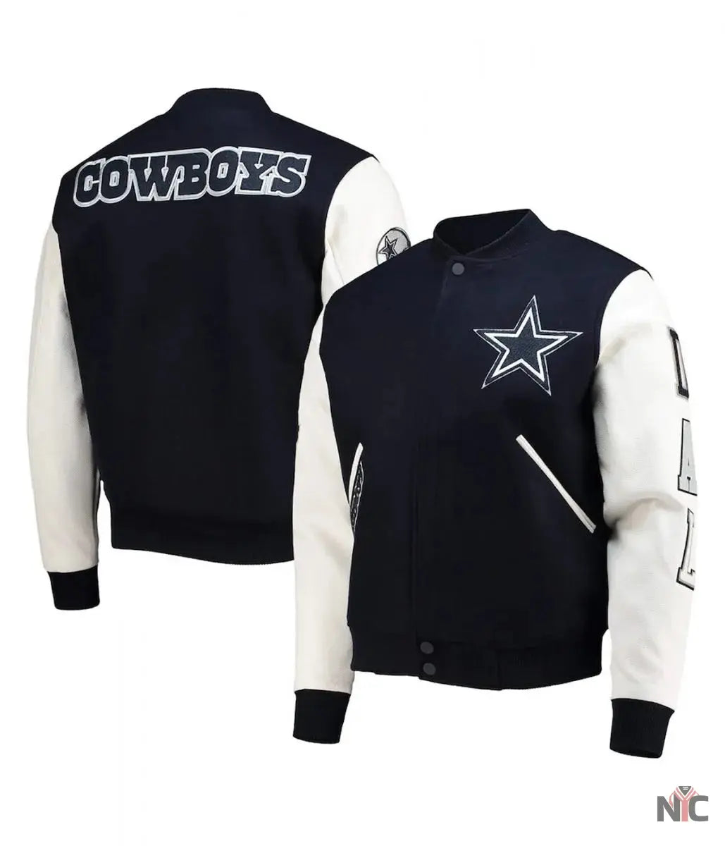Dallas Cowboys White and Navy Varsity Jacket NYC Jackets