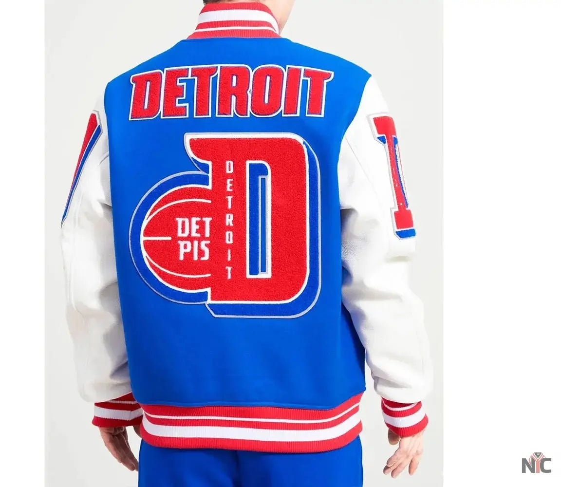 Detroit Pistons Mashup Varsity Royal and White Jacket NYC Jackets