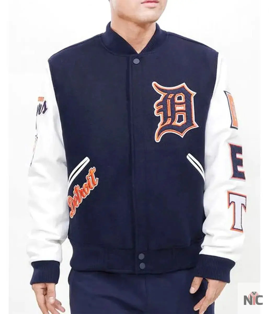 Detroit Tigers Navy Blue and White Letterman Jacket NYC Jackets