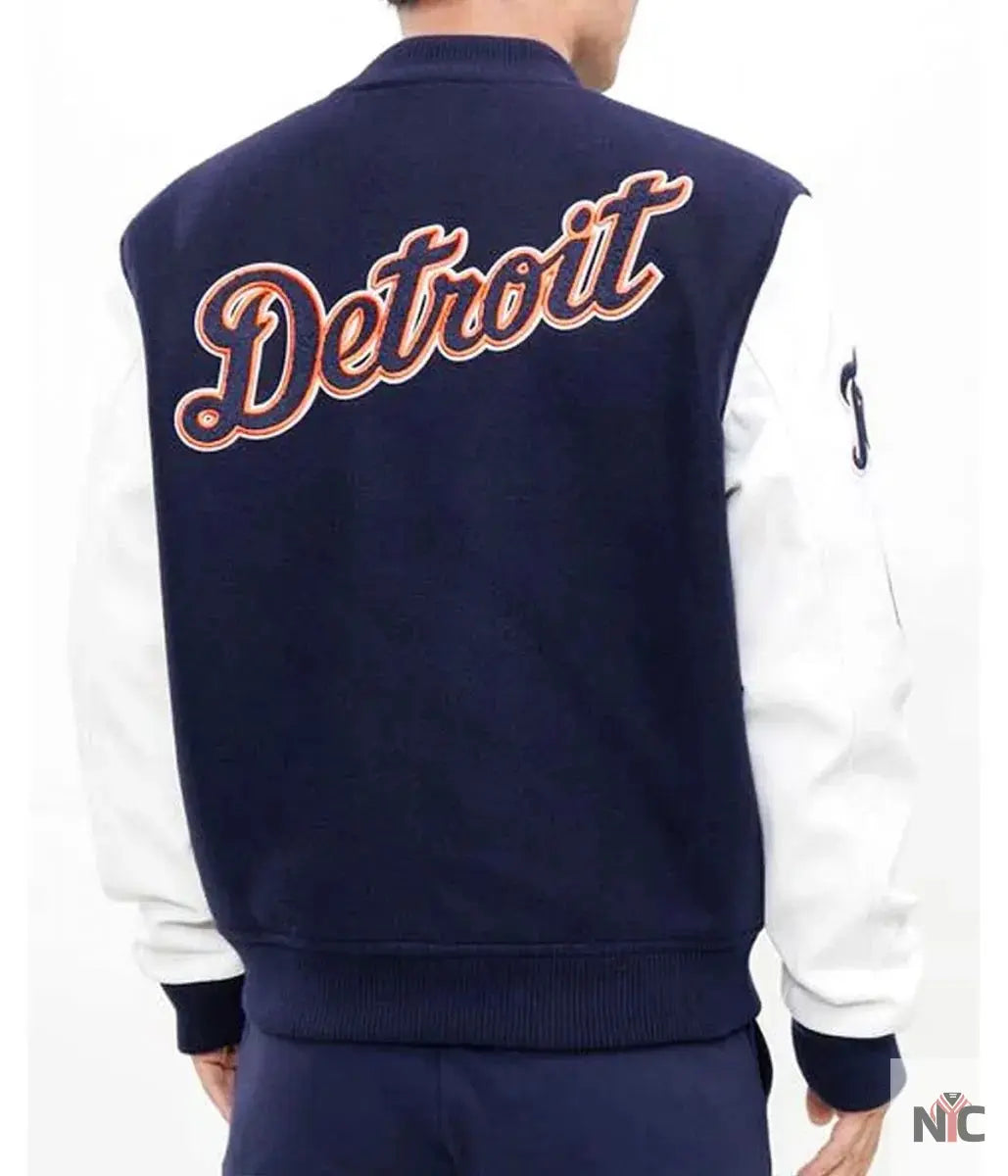 Detroit Tigers Navy Blue and White Letterman Jacket NYC Jackets