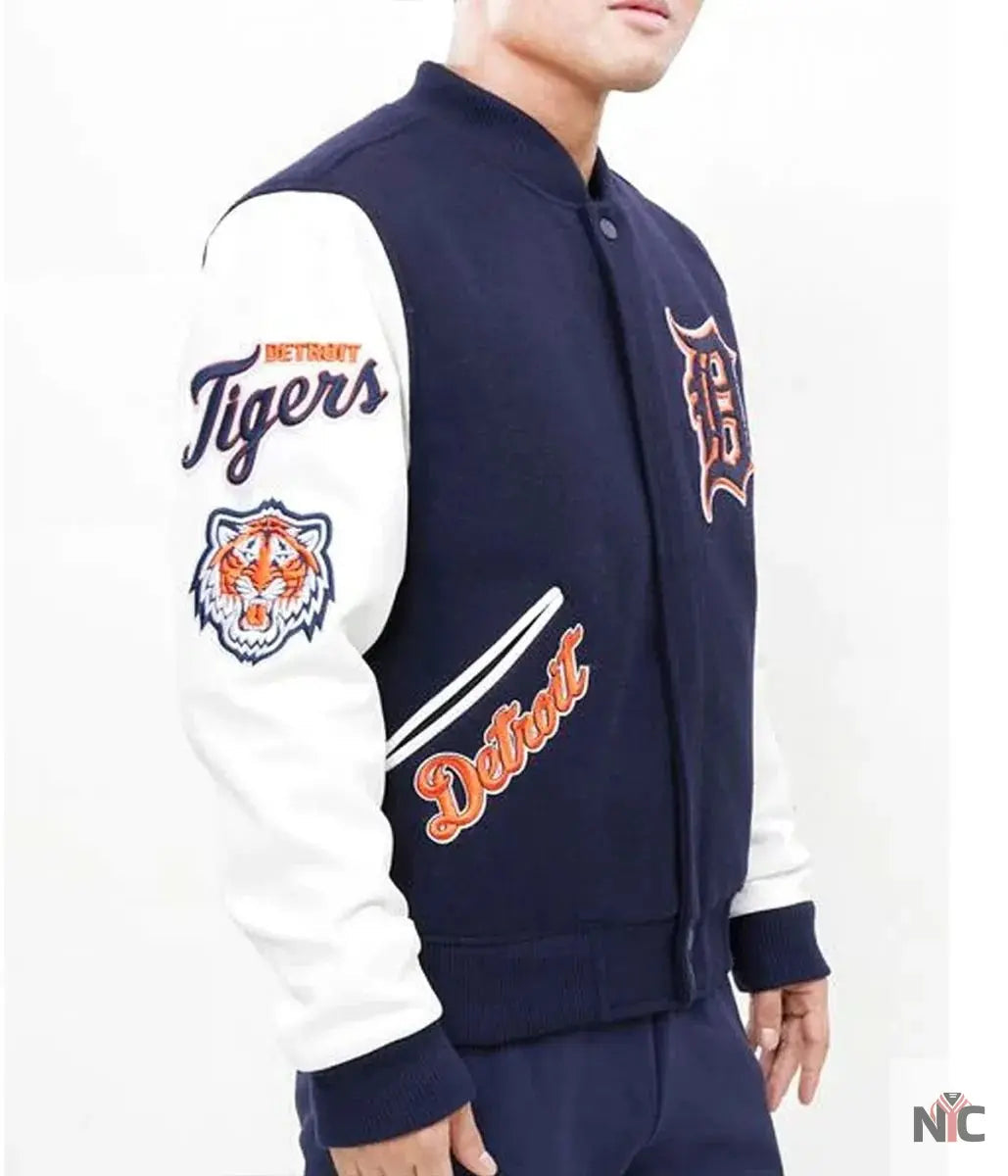 Detroit Tigers Navy Blue and White Letterman Jacket NYC Jackets