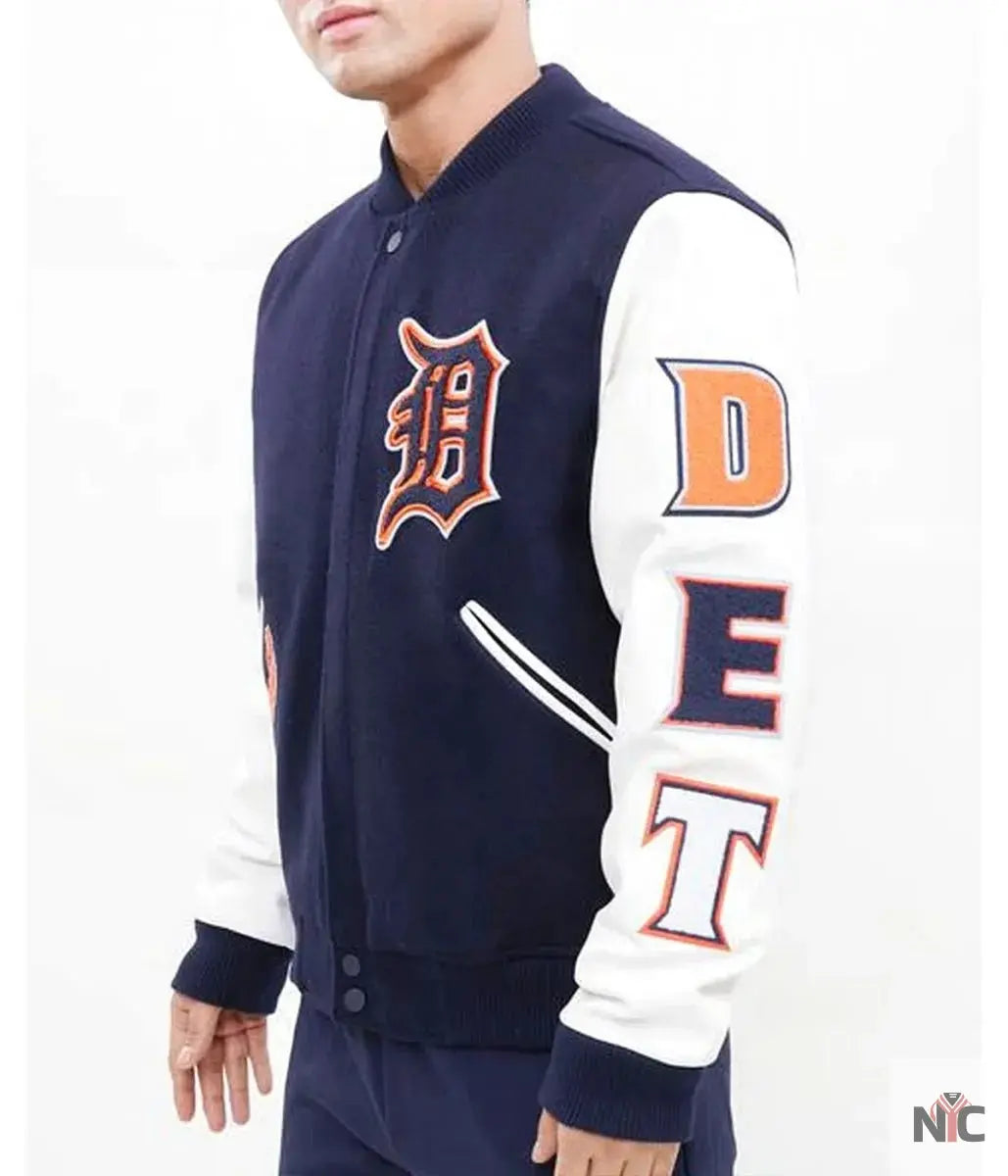 Detroit Tigers Navy Blue and White Letterman Jacket NYC Jackets