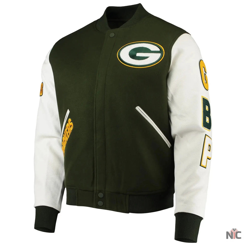 Green Bay Packers Full-zip Green and White Varsity Jacket NYC Jackets