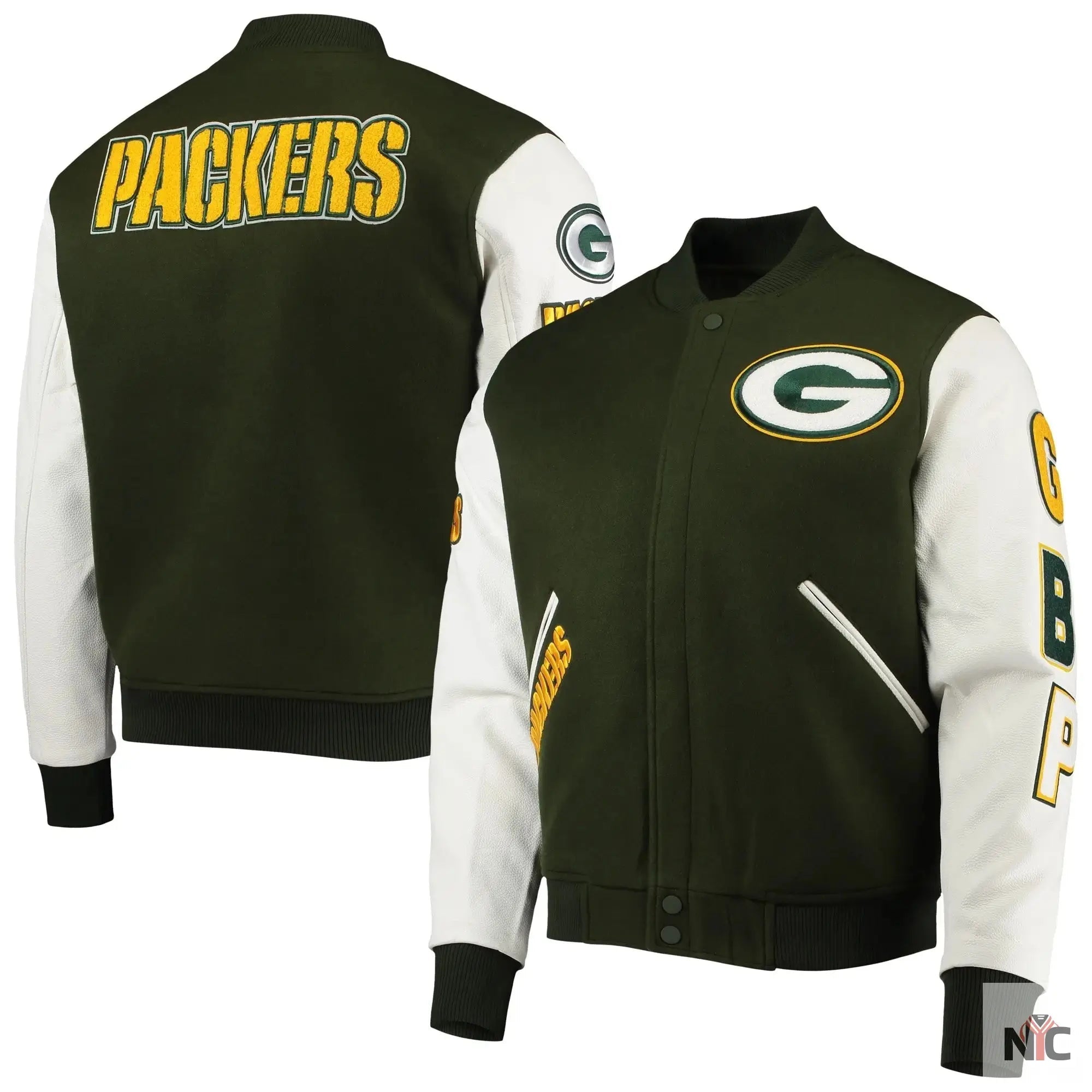 Green Bay Packers Full-zip Green and White Varsity Jacket NYC Jackets