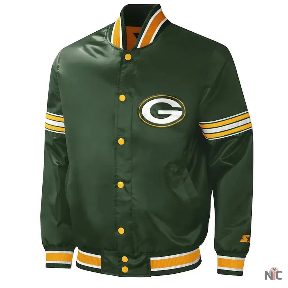 Green Bay Packers Midfield Varsity Green Satin Jacket NYC Jackets
