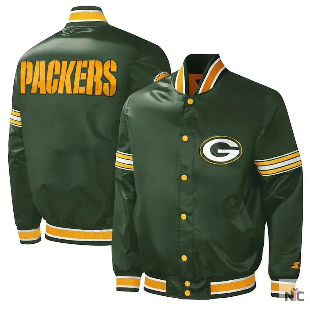 Green Bay Packers Midfield Varsity Green Satin Jacket NYC Jackets