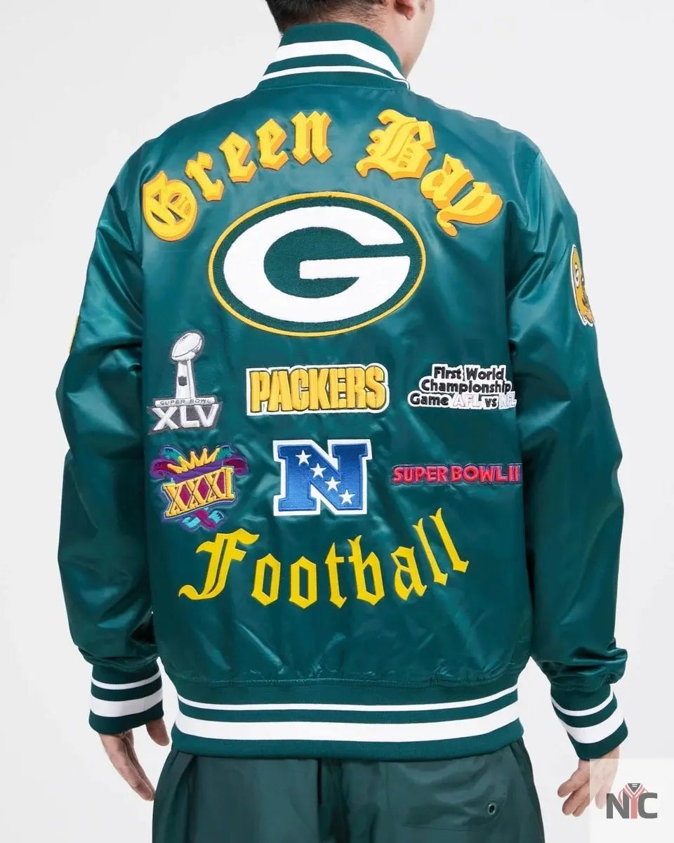 Green Bay Packers Old English Satin Jacket NYC Jackets