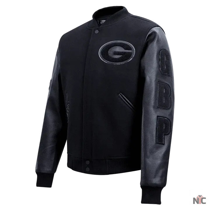 Green Bay Packers Triple Black Logo Varsity Jacket NYC Jackets