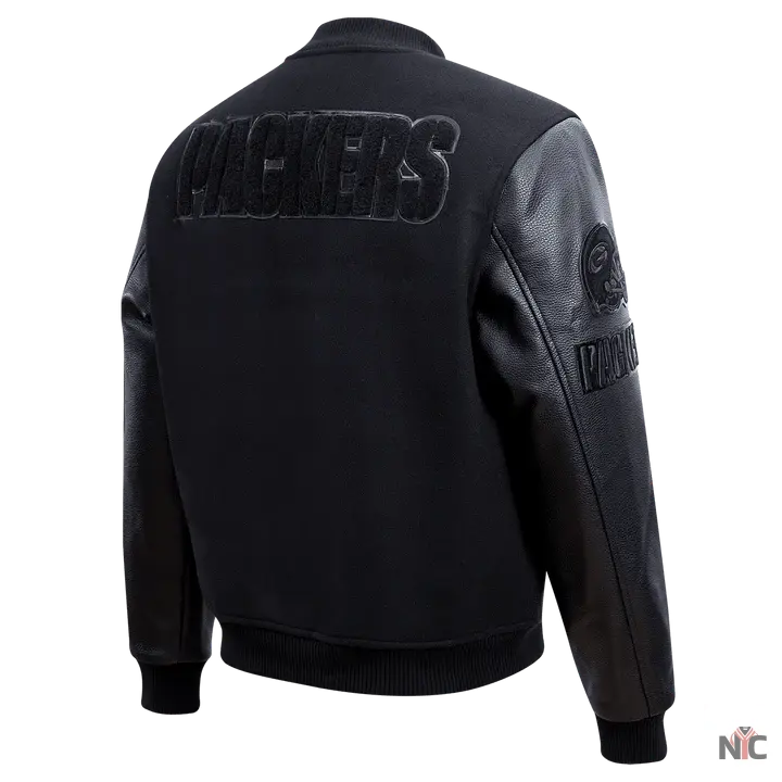 Green Bay Packers Triple Black Logo Varsity Jacket NYC Jackets