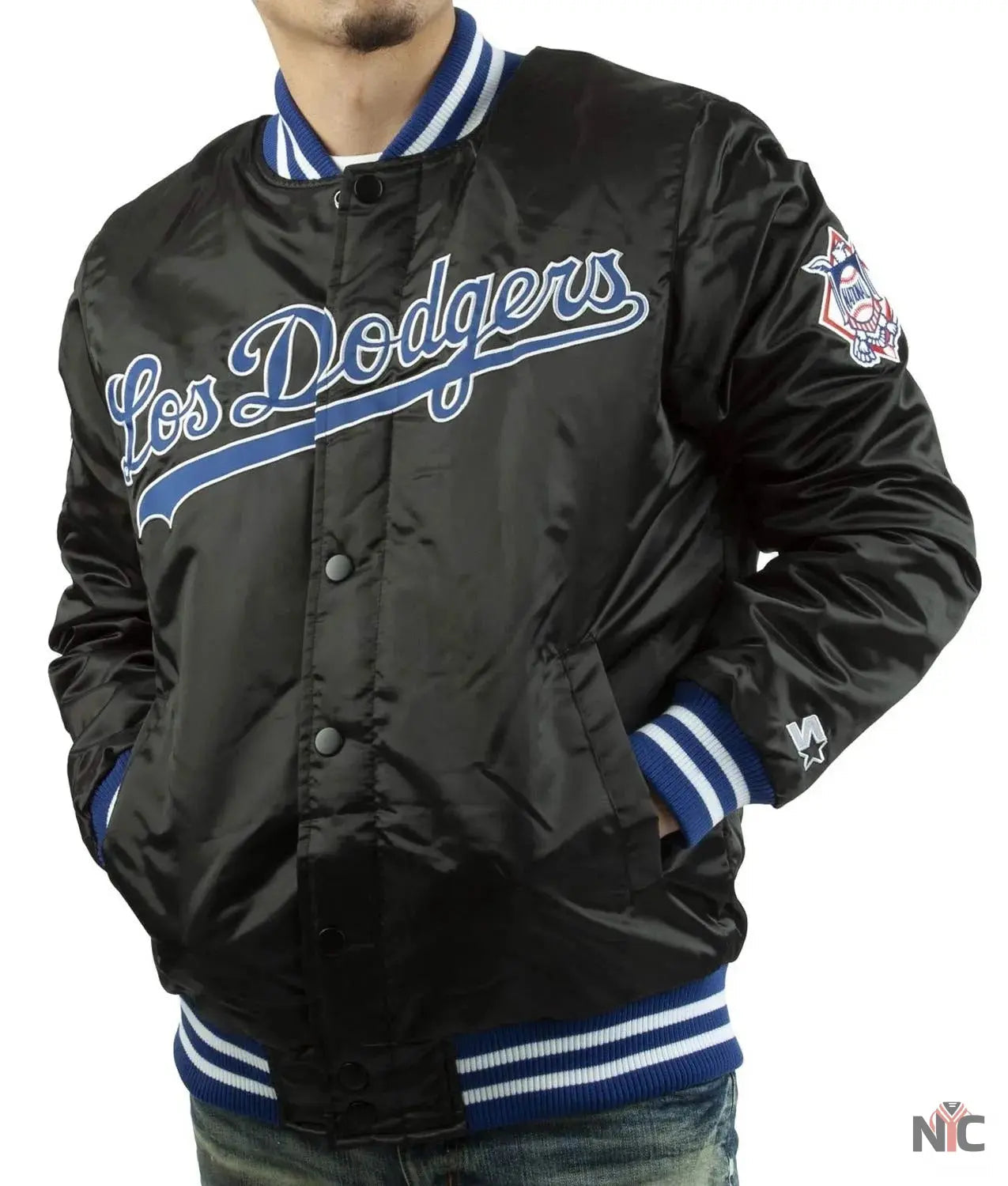 LA Dodgers National Blue Satin Varsity Jacket NYC Jackets