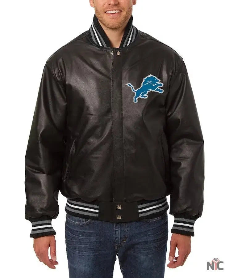 Men’s Jh Design Detroit Lions Black Leather Jacket NYC Jackets
