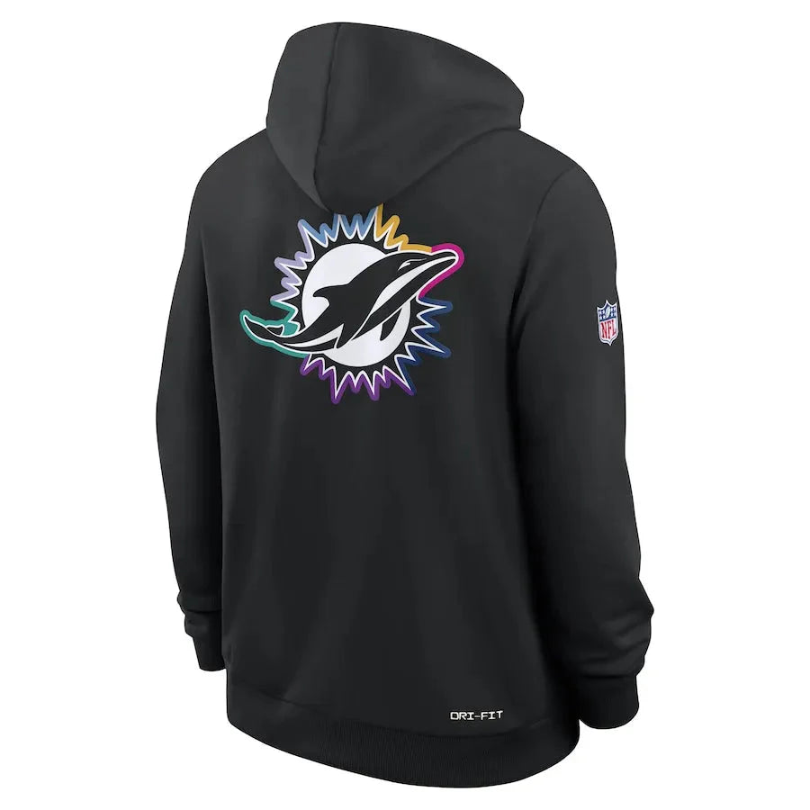 Miami Dolphins Nike Black 2025 NFL Crucial Catch Sideline Standard Issue Dri-FIT Hoodie Jacket99