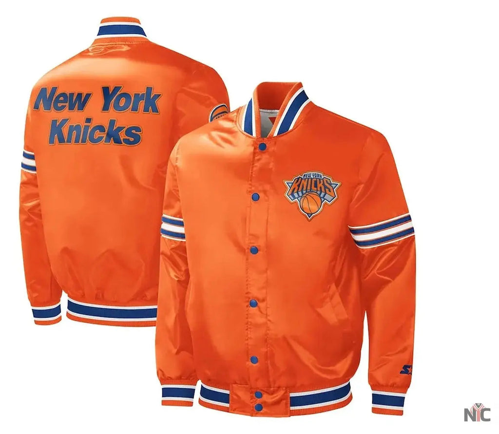 NY Knicks Slider Varsity Orange Satin Jacket NYC Jackets
