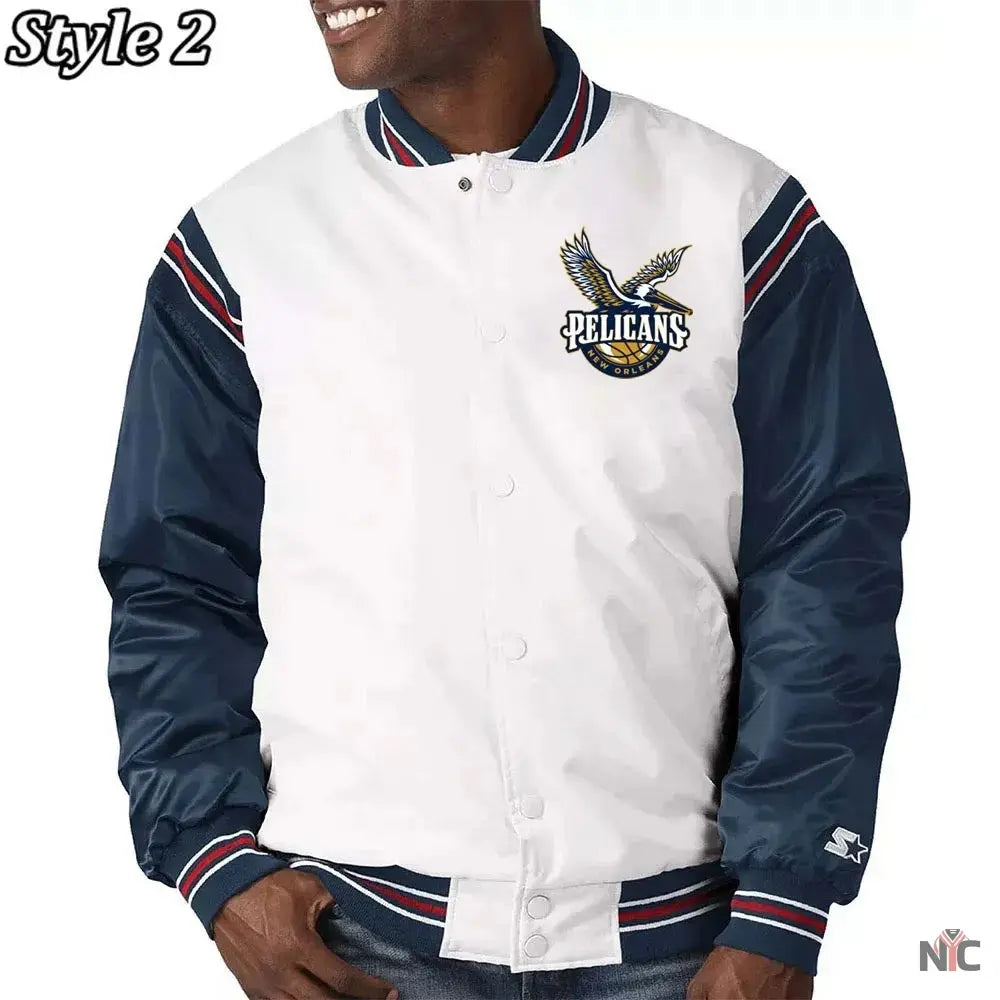 New Orleans Pelicans Renegade Varsity White Navy Jacket NYC Jackets