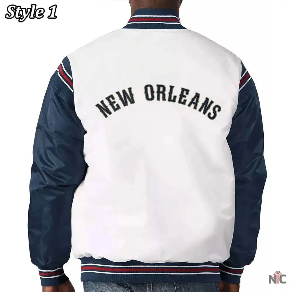 New Orleans Pelicans Renegade Varsity White Navy Jacket NYC Jackets