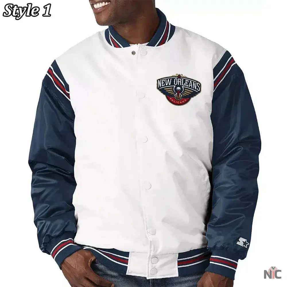 New Orleans Pelicans Renegade Varsity White Navy Jacket NYC Jackets