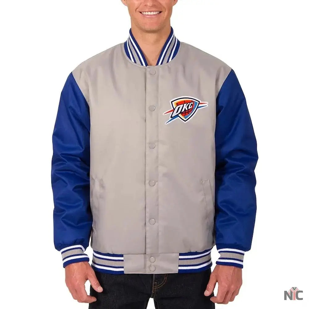 Oklahoma City Thunder Gray Royal Varsity Poly Twill Jacket NYC Jackets