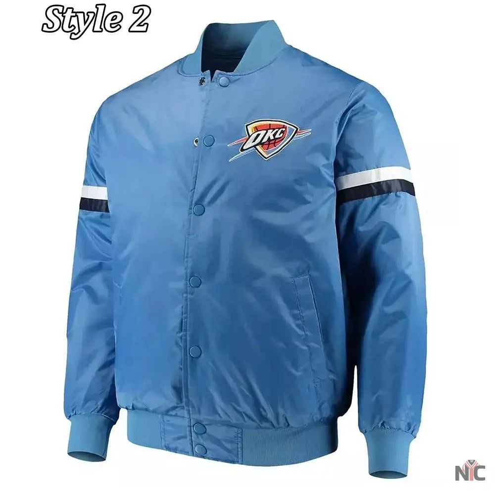 Oklahoma City Thunder Pick Varsity Satin Blue Jacket NYC Jackets