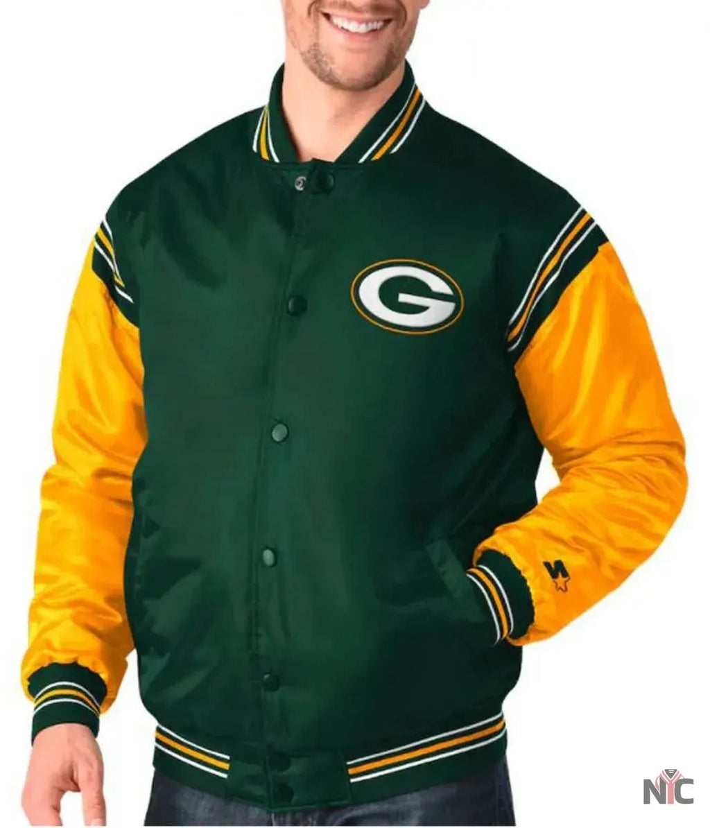 Starter Green Bay Packers Yellow and Green Satin Jacket NYC Jackets
