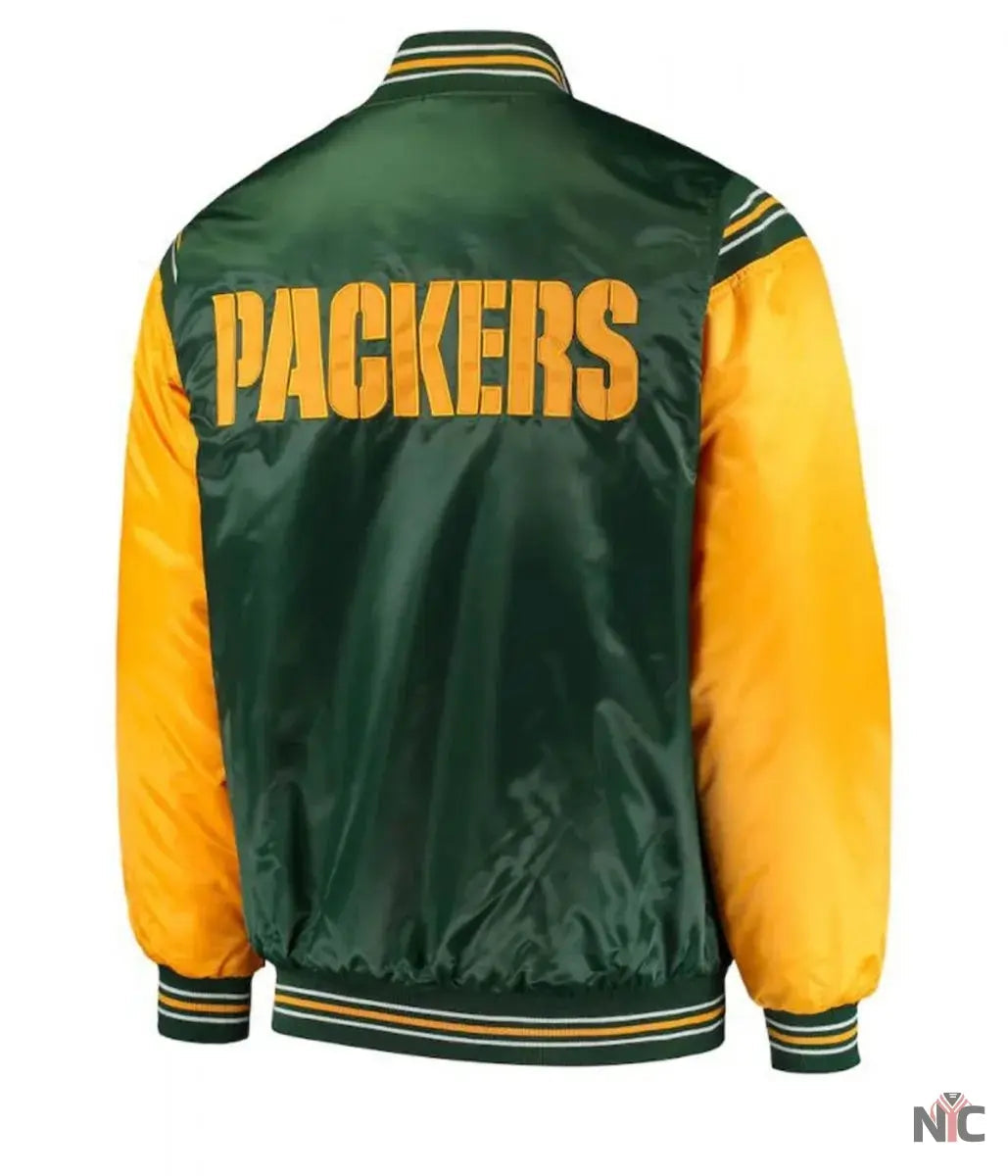 Starter Green Bay Packers Yellow and Green Satin Jacket NYC Jackets