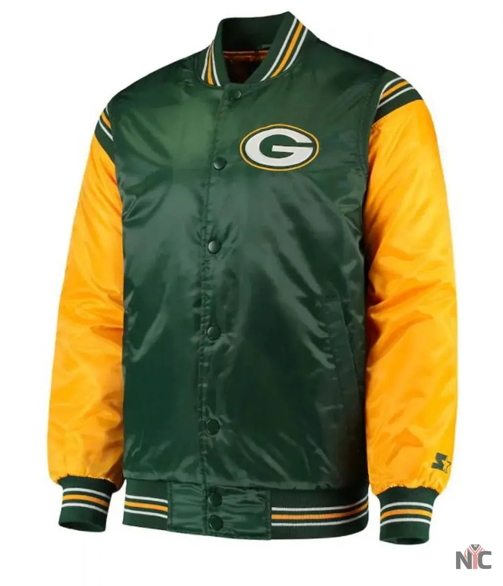 Starter Green Bay Packers Yellow and Green Satin Jacket NYC Jackets