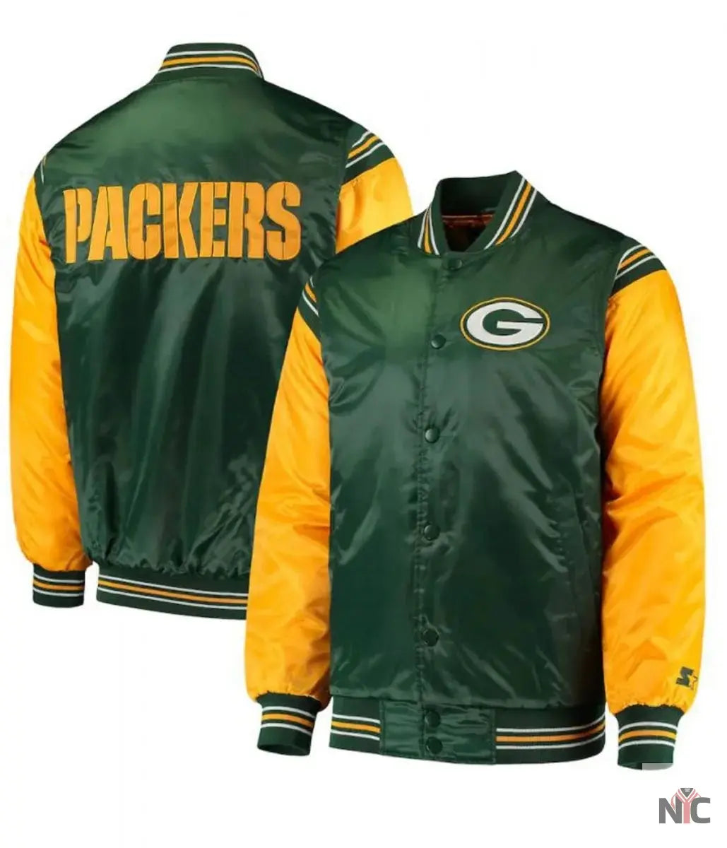 Starter Green Bay Packers Yellow and Green Satin Jacket NYC Jackets