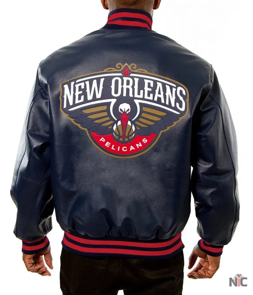 Varsity New Orleans Pelicans Navy Blue Leather Jacket NYC Jackets