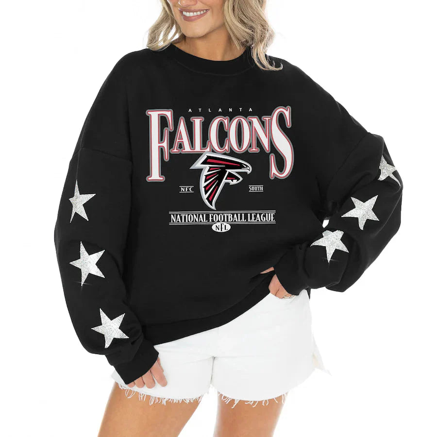 Women's Atlanta Falcons Gameday Couture Black Rhinestone Star Sleeve Settle the Score Oversized Tri-Blend Pullover Jacket99
