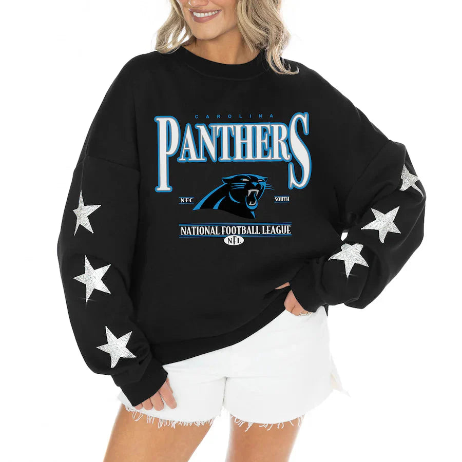 Women's Carolina Panthers Gameday Couture Black Rhinestone Star Sleeve Settle the Score Oversized Tri-Blend Pullover Jacket99