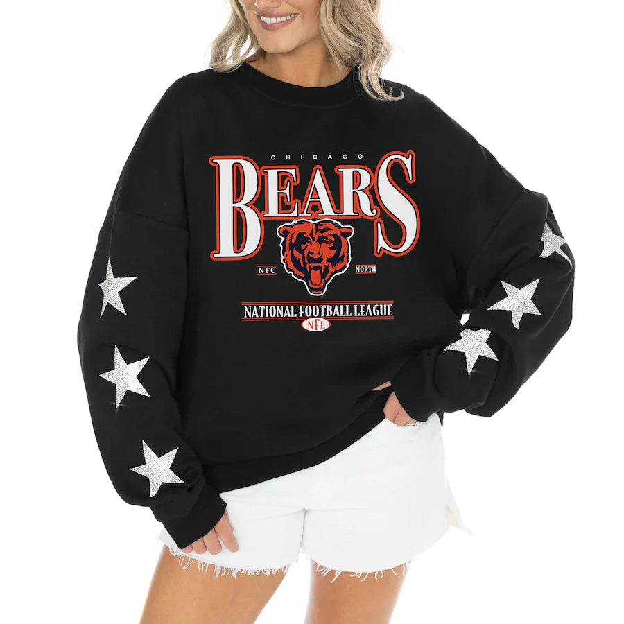 Women's Chicago Bears Gameday Couture Black Rhinestone Star Sleeve Settle the Score Oversized Tri-Blend Pullover Jacket99