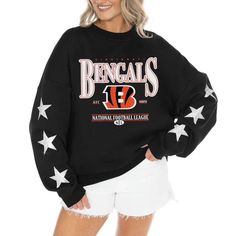 Women's Cincinnati Bengals Gameday Couture Black Rhinestone Star Sleeve Settle the Score Oversized Tri-Blend Pullover Jacket99
