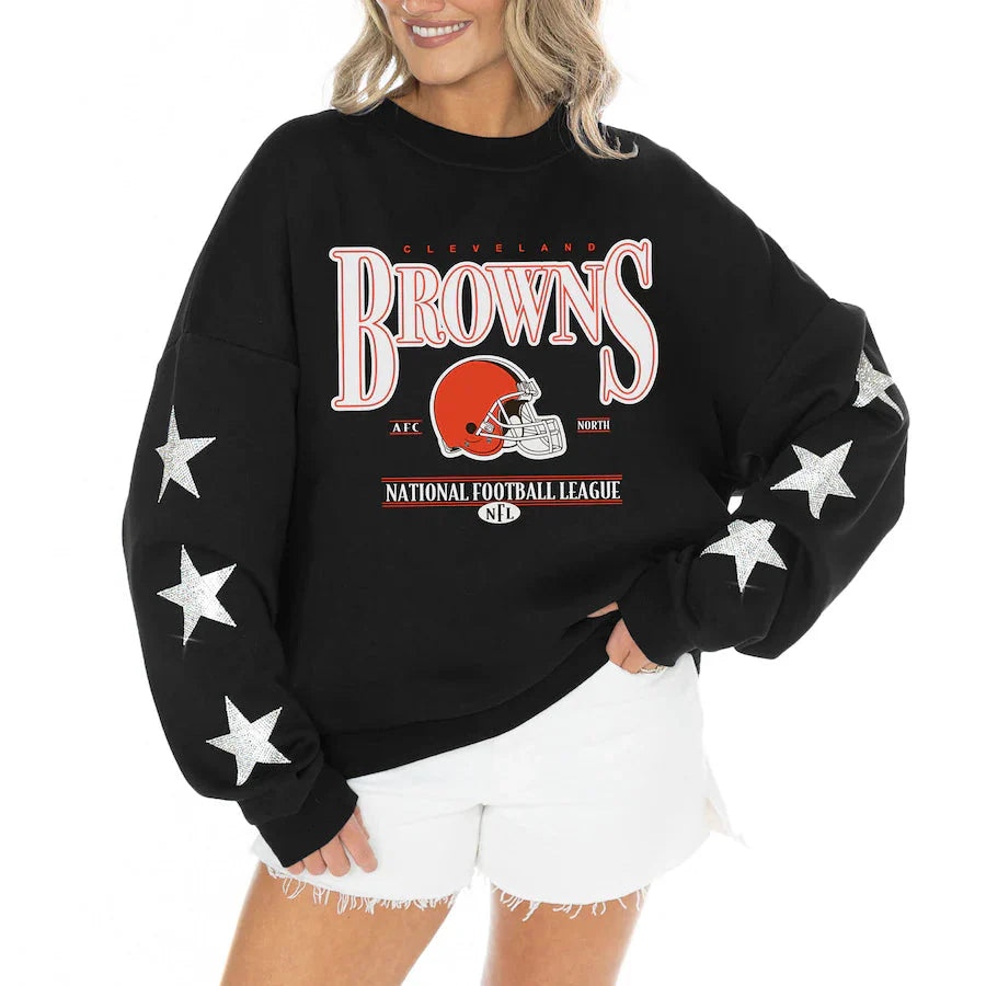 Women's Cleveland Browns Gameday Couture Black Rhinestone Star Sleeve Settle the Score Oversized Tri-Blend Pullover Jacket99