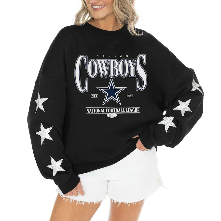 Women's Dallas Cowboys Gameday Couture Black Rhinestone Star Sleeve Settle the Score Oversized Tri-Blend Pullover Jacket99