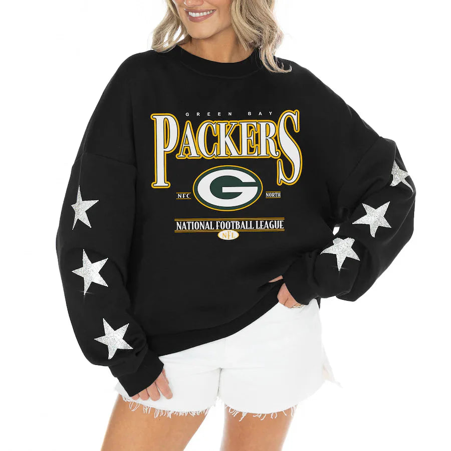Women's Green Bay Packers Gameday Couture Black Rhinestone Star Sleeve Settle the Score Oversized Tri-Blend Pullover Jacket99