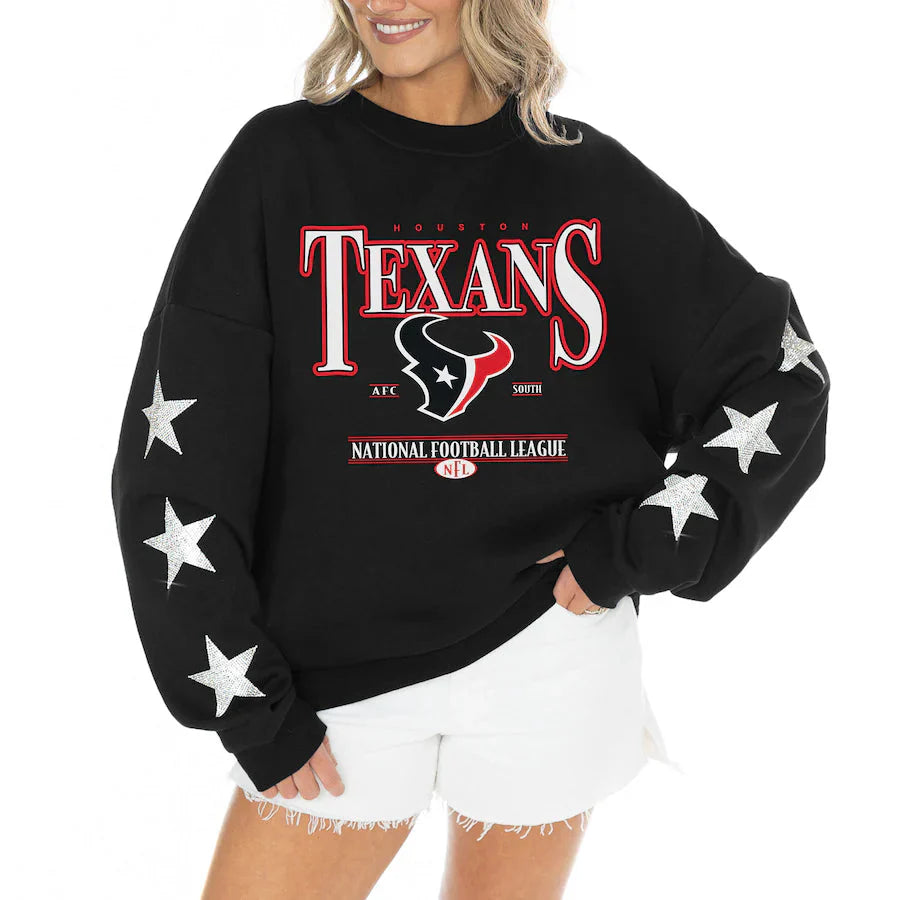 Women's Houston Texans Gameday Couture Black Rhinestone Star Sleeve Settle the Score Oversized Tri-Blend Pullover Jacket99