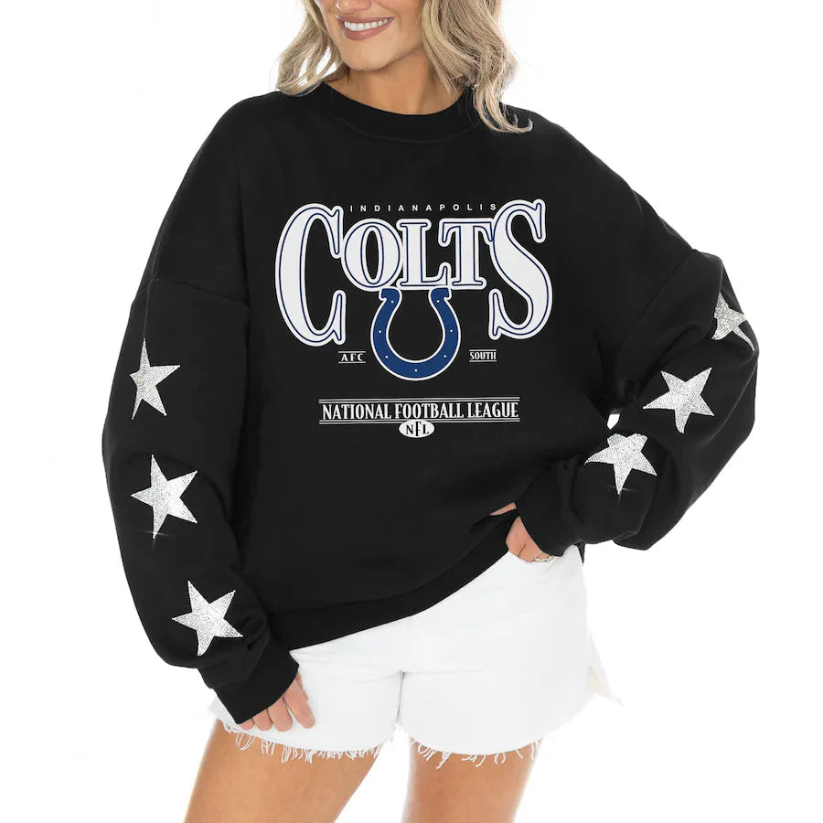 Women's Indianapolis Colts Gameday Couture Black Rhinestone Star Sleeve Settle the Score Oversized Tri-Blend Pullover Jacket99