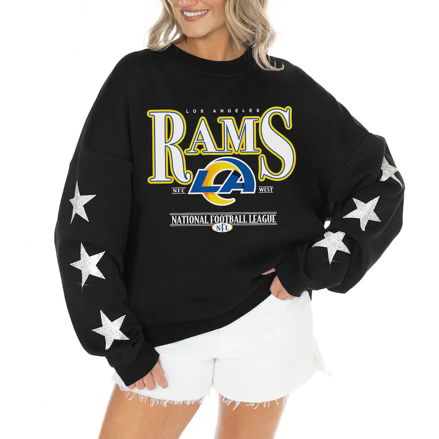 Women's Los Angeles Rams Gameday Couture Black Rhinestone Star Sleeve Settle the Score Oversized Tri-Blend Pullover Jacket99
