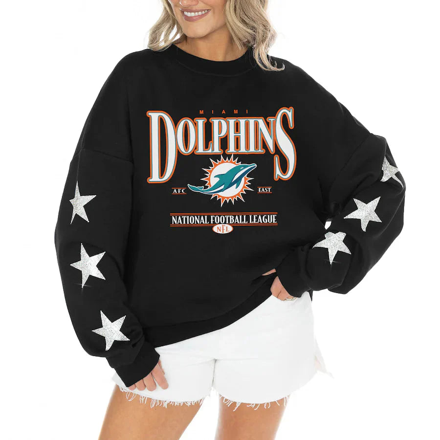 Women's Miami Dolphins Gameday Couture Black Rhinestone Star Sleeve Settle the Score Oversized Tri-Blend Pullover Jacket99