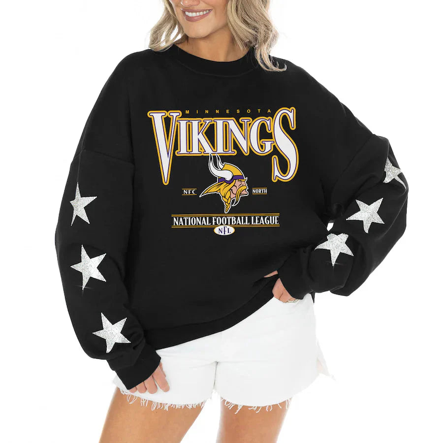 Women's Minnesota Vikings Gameday Couture Black Rhinestone Star Sleeve Settle the Score Oversized Tri-Blend Pullover Jacket99