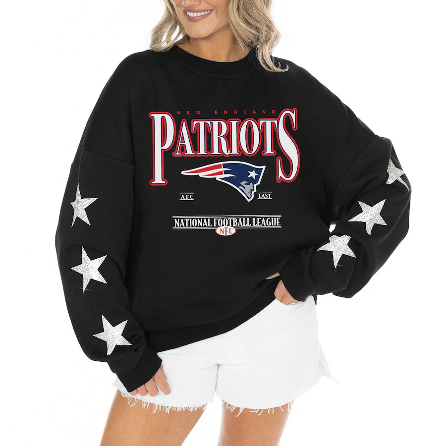 Women's New England Patriots Gameday Couture Black Rhinestone Star Sleeve Settle the Score Oversized Tri-Blend Pullover Jacket99