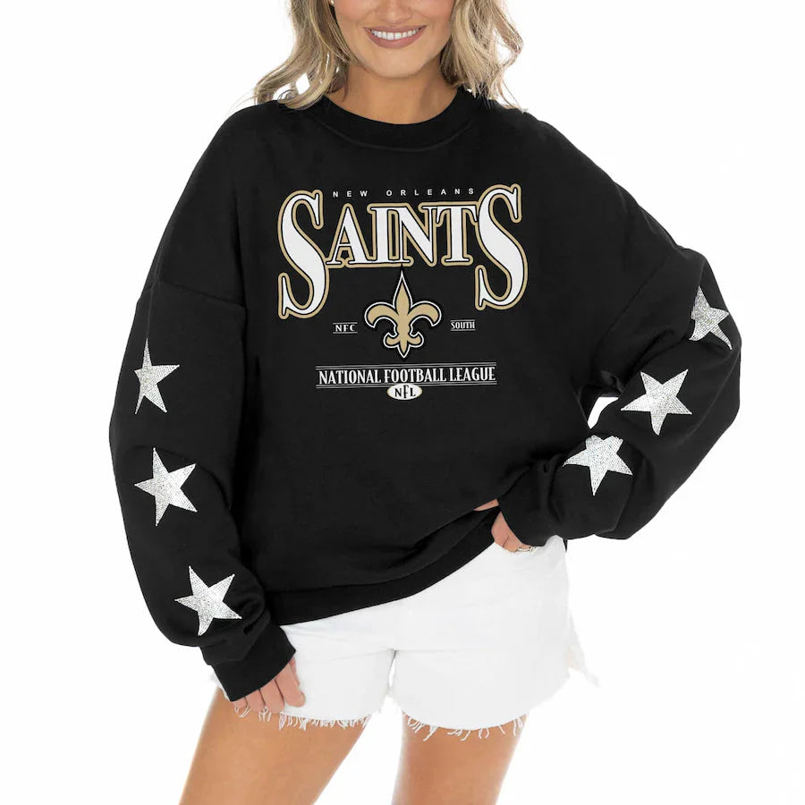Women's New Orleans Saints Gameday Couture Black Rhinestone Star Sleeve Settle the Score Oversized Pullover Sweatshirt Jacket99