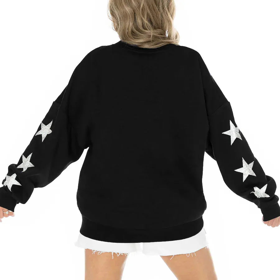 Women's New Orleans Saints Gameday Couture Black Rhinestone Star Sleeve Settle the Score Oversized Pullover Sweatshirt Jacket99