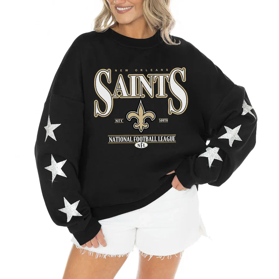 Women's New Orleans Saints Gameday Couture Black Rhinestone Star Sleeve Settle the Score Oversized Tri-Blend Pullover Jacket99