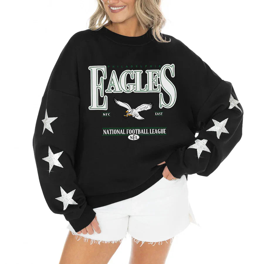 Women's Philadelphia Eagles Gameday Couture Black Rhinestone Star Sleeve Settle the Score Oversized Tri-Blend Pullover Jacket99